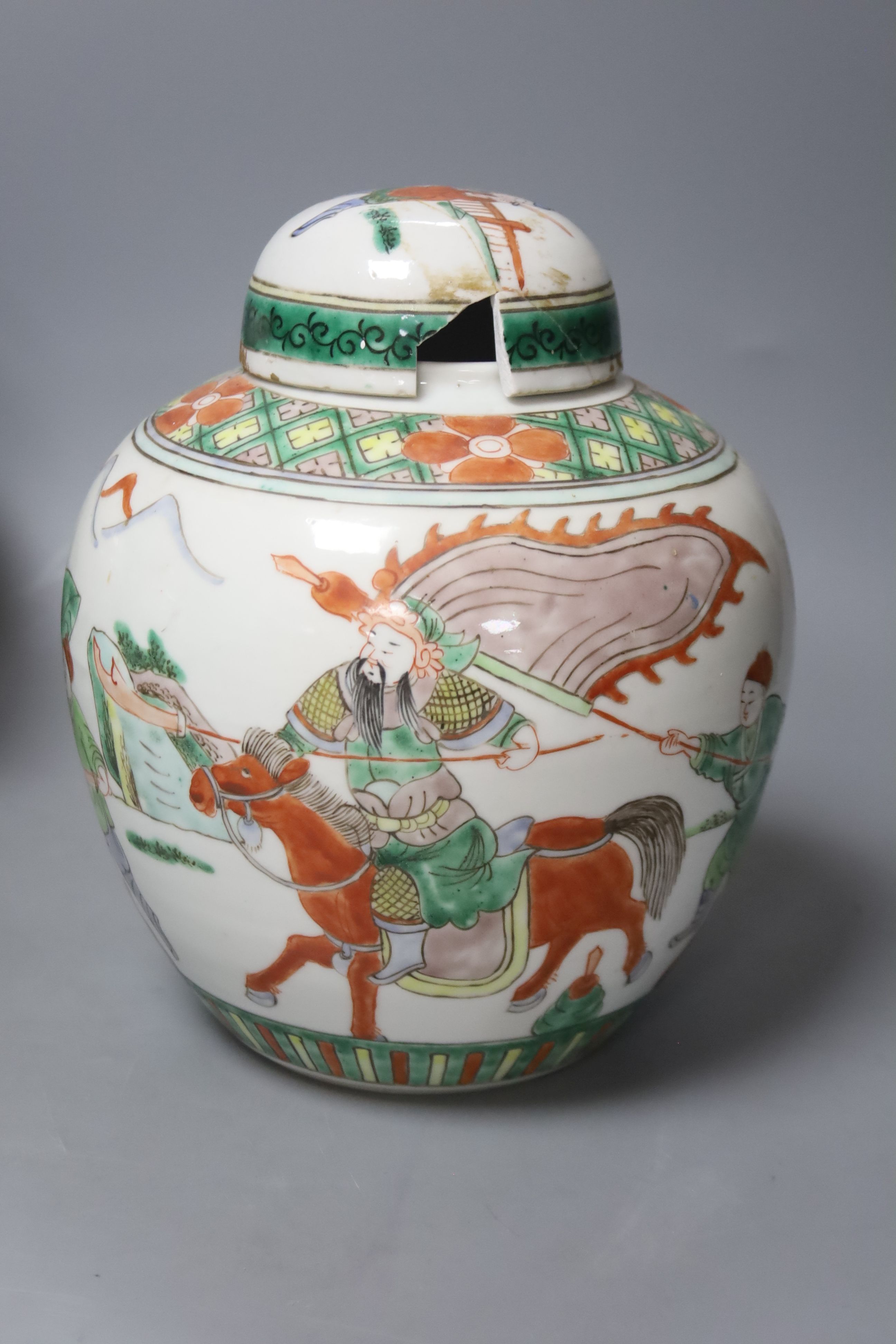 Three large 20th century Chinese porcelain famille verte jars and covers, tallest 21cm